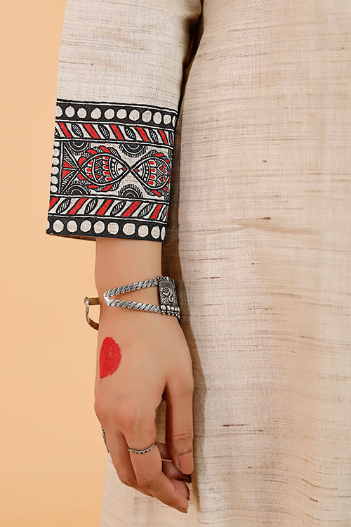 'Surmai Kachni Angrakha' Handpainted Madhubani Cotton Kurta