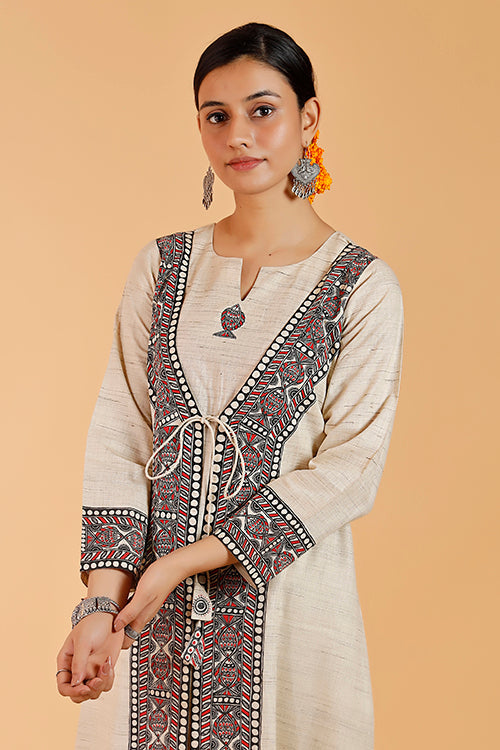 'Surmai Kachni Angrakha' Handpainted Madhubani Cotton Kurta