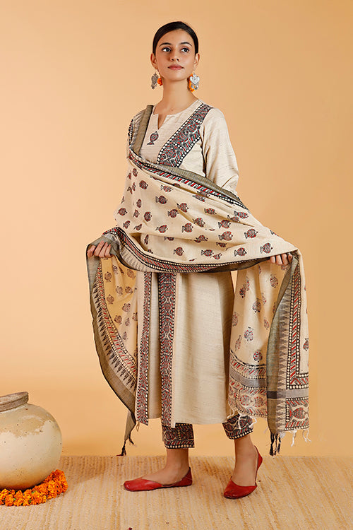 'Laal Surmai' Handpainted Madhubani Cotton Dupatta