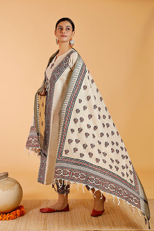 'Laal Surmai' Handpainted Madhubani Cotton Dupatta