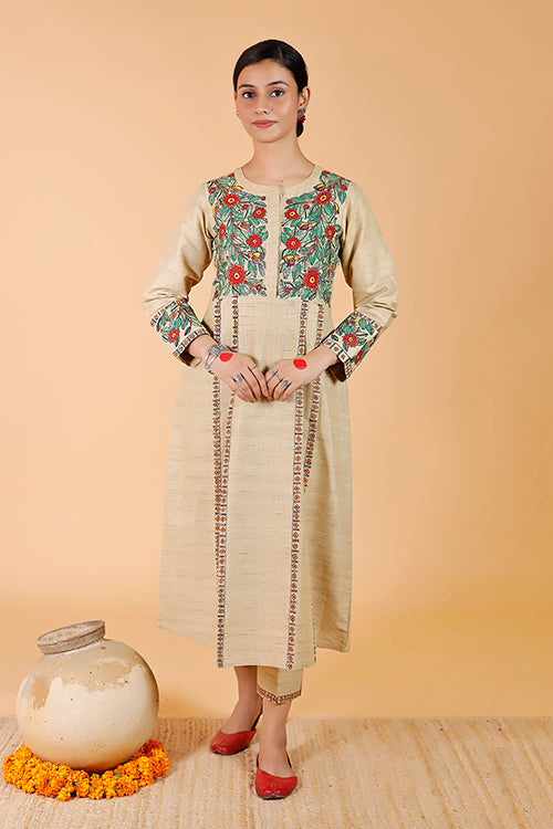 'Mayur' Handpainted Madhubani Pleated Dress Cotton Kurta