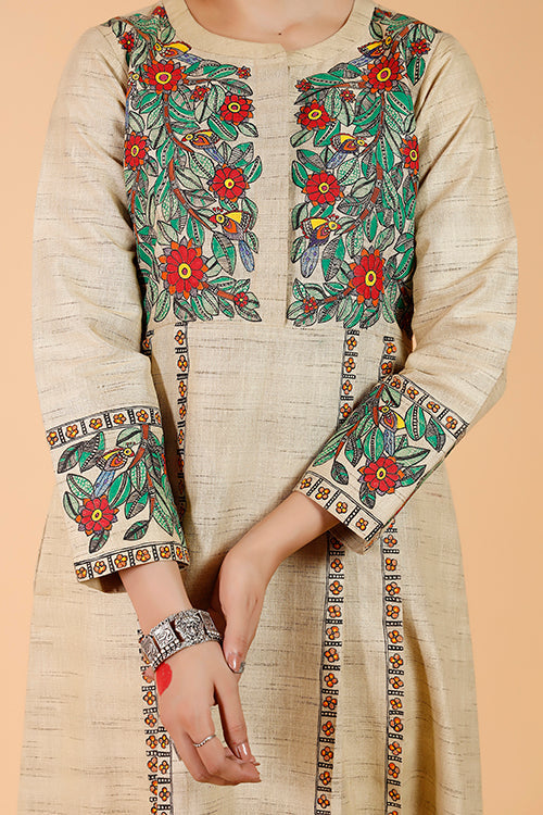 'Mayur' Handpainted Madhubani Pleated Dress Cotton Kurta
