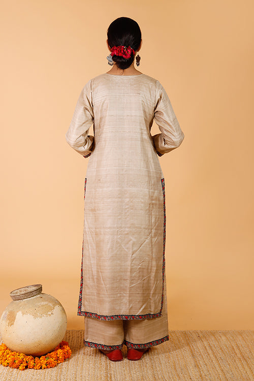 'Surmai & The Lotus' Handpainted Madhubani Tussar Silk Kurta