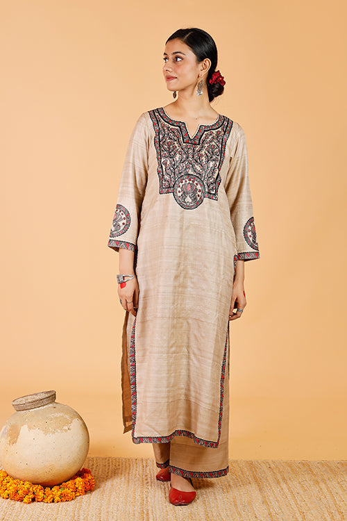 'Surmai & The Lotus' Handpainted Madhubani Tussar Silk Kurta