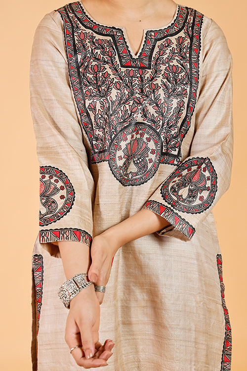 'Surmai & The Lotus' Handpainted Madhubani Tussar Silk Kurta