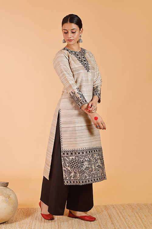 'Joda Mayuri' Handpainted Madhubani Ghicha Silk Kurta
