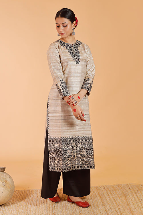 Handpainted Madhubani ' Joda Mayuri' Cotton Silk Set Palazzo