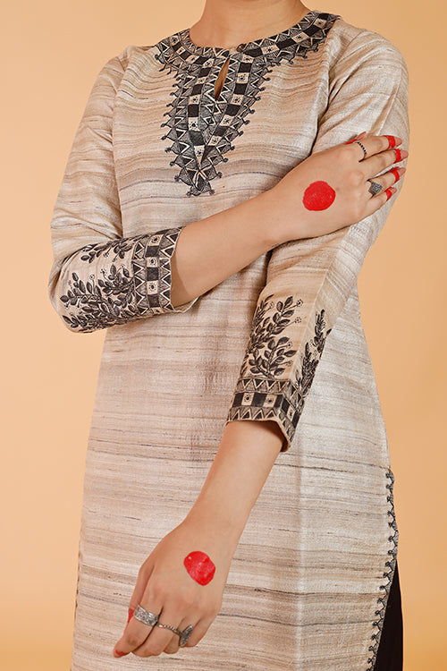 'Joda Mayuri' Handpainted Madhubani Ghicha Silk Kurta