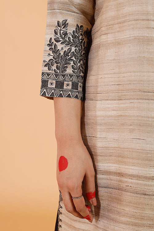 'Joda Mayuri' Handpainted Madhubani Ghicha Silk Kurta