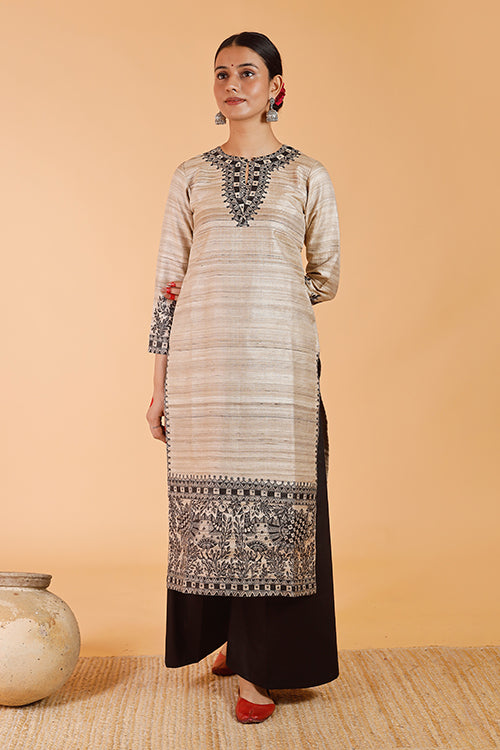 'Joda Mayuri' Handpainted Madhubani Ghicha Silk Kurta