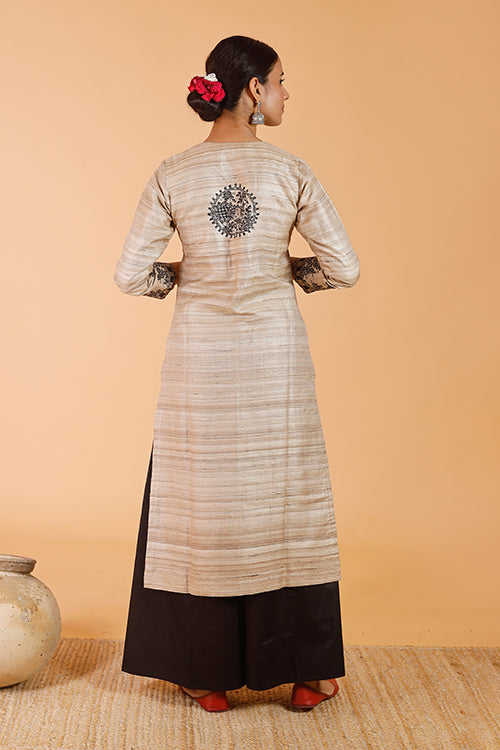 'Joda Mayuri' Handpainted Madhubani Ghicha Silk Kurta