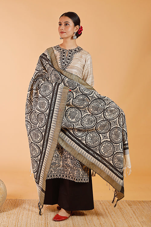 'Joda Mayuri' Handpainted Madhubani Cotton Dupatta