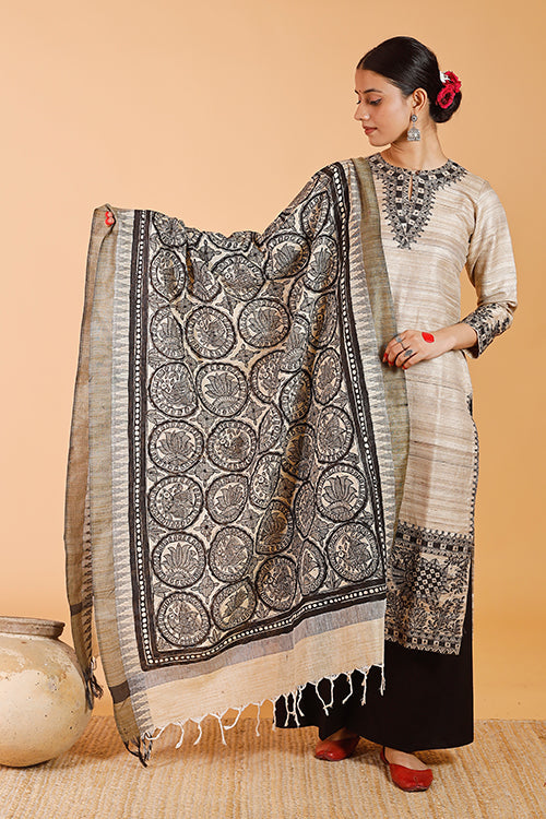 'Joda Mayuri' Handpainted Madhubani Cotton Dupatta