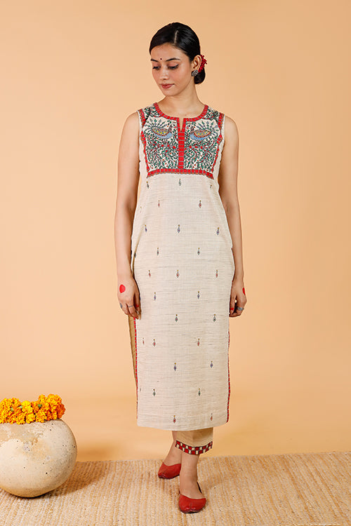 'Mithila Mayur' Handpainted Madhubani Cotton Kurta