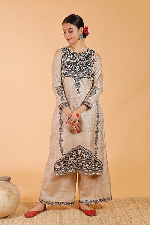 'Pride of Mithila' Handpainted Madhubani Tussar Silk Kurta