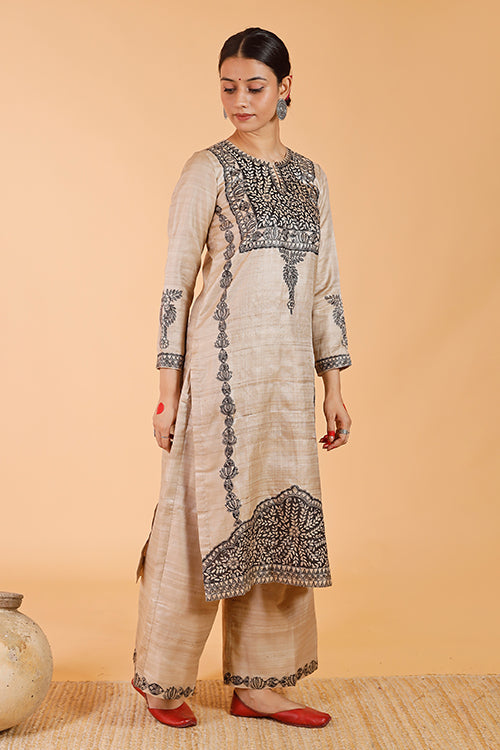 'Pride of Mithila' Handpainted Madhubani Tussar Silk Kurta