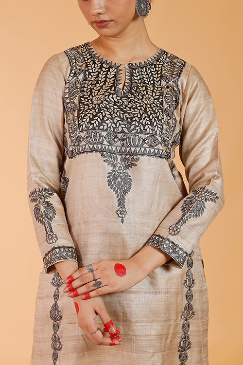 'Pride of Mithila' Handpainted Madhubani Tussar Silk Kurta