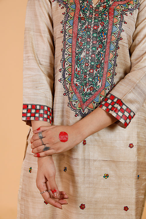Handpainted Madhubani 'Bagmati' Tussar SIlk Kurta
