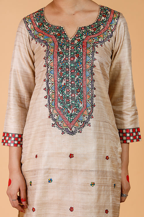 Handpainted Madhubani 'Bagmati' Tussar SIlk Kurta