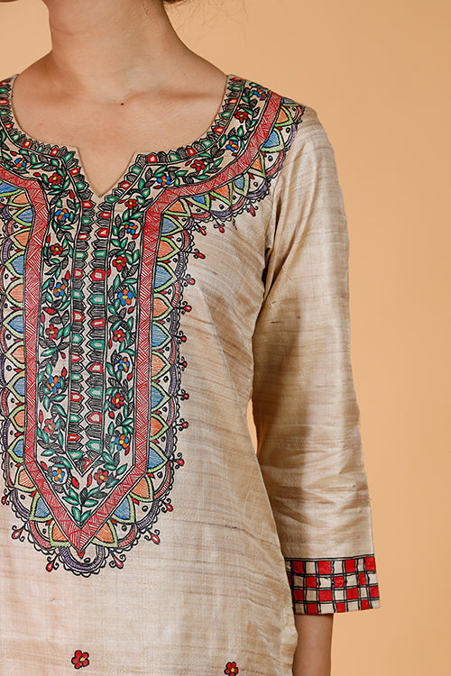 Handpainted Madhubani 'Bagmati' Tussar SIlk Kurta