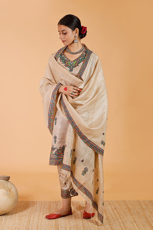 'Maithili' Handpainted Madhubani Tussar Silk Dupatta