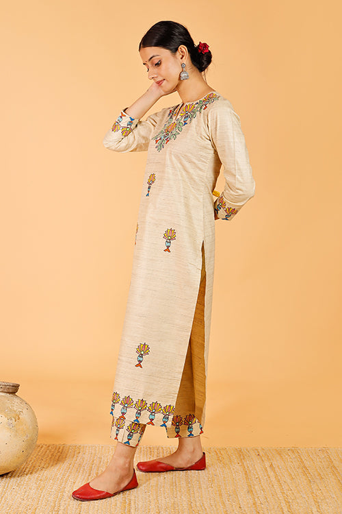 'Surmai Kamal' Handpainted Madhubani Cotton Kurta