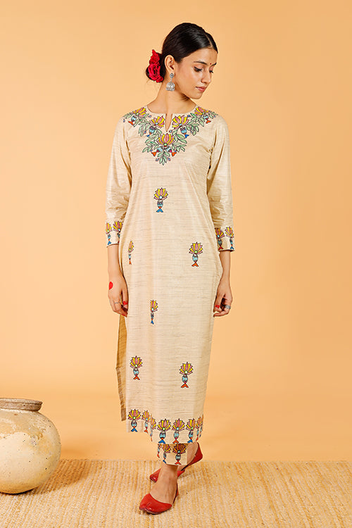 'Surmai Kamal' Handpainted Madhubani Cotton Kurta