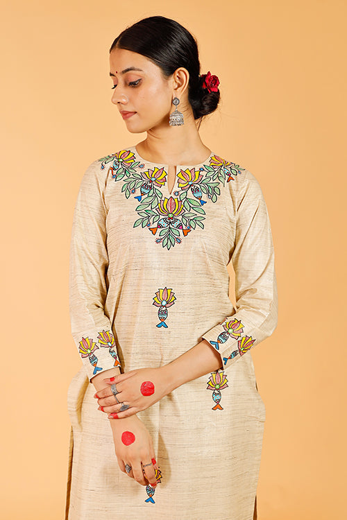 'Surmai Kamal' Handpainted Madhubani Cotton Kurta