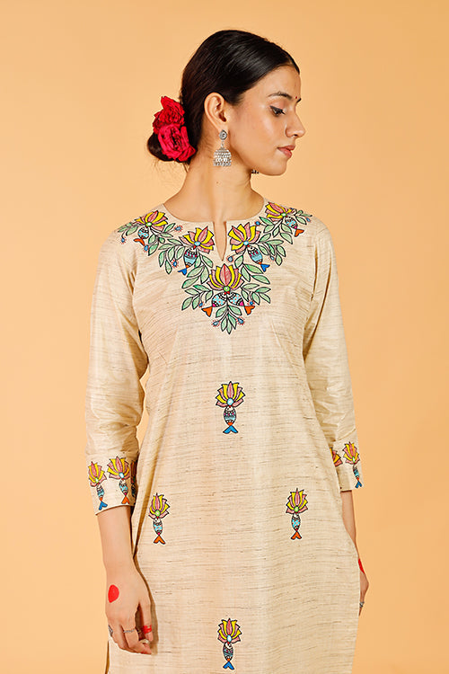 'Surmai Kamal' Handpainted Madhubani Cotton Kurta