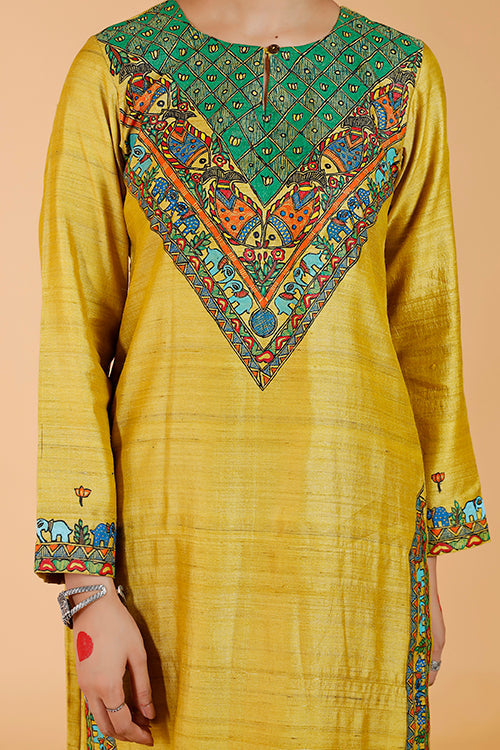 'Gajanand Mayur' Handpainted Madhubani Tussar SIlk Kurta