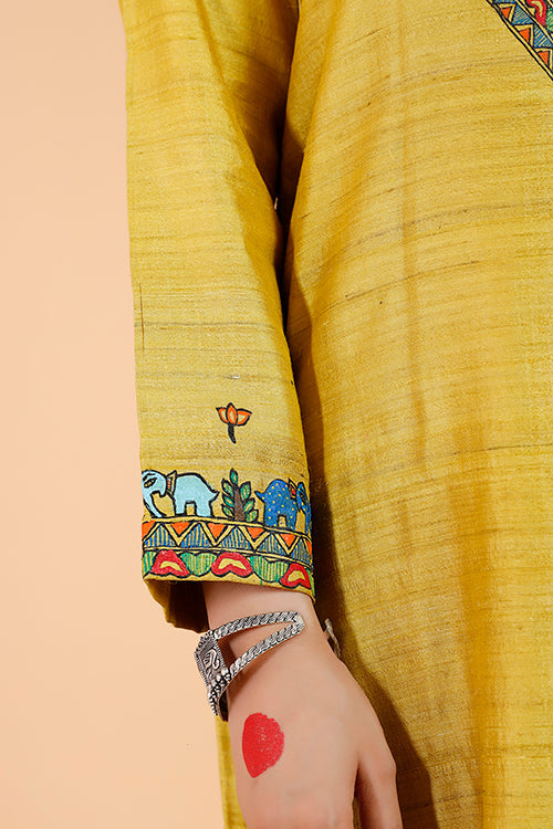 'Gajanand Mayur' Handpainted Madhubani Tussar SIlk Kurta