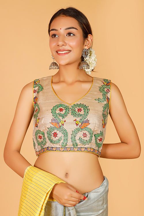 'Ele Mayuri Vrindavan' Handpainted Madhubani Blouse