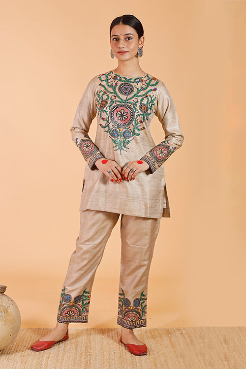 'Flowers of Mithila' Handpainted Madhubani Tussar Silk Kurta