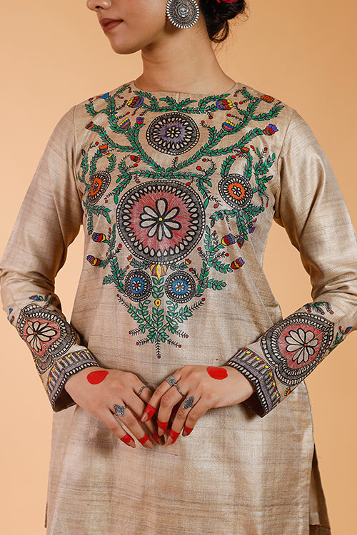 'Flowers of Mithila' Handpainted Madhubani Tussar Silk Kurta