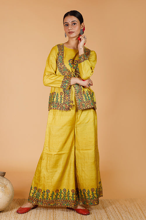 'Sunehri Phoolwari' Handpainted Madhubani Tussar Silk Kurta & Bandi Set