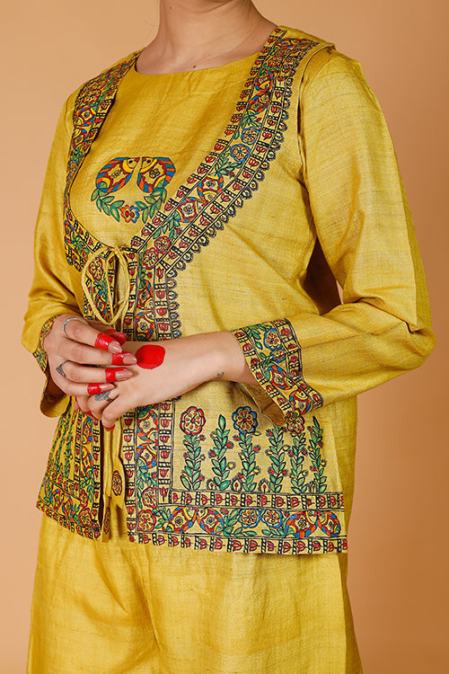 'Sunehri Phoolwari' Handpainted Madhubani Tussar Silk Kurta & Bandi Set