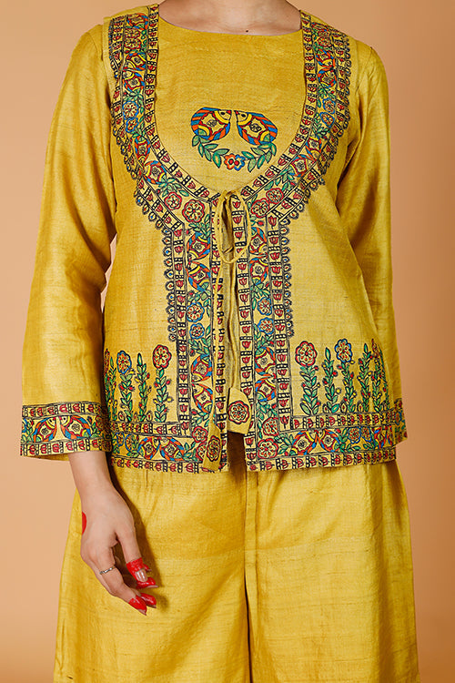 'Sunehri Phoolwari' Handpainted Madhubani Tussar Silk Kurta & Bandi Set