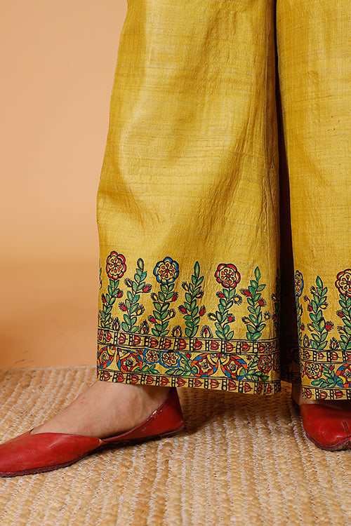 'Sunehri Phoolwari' Handpainted Madhubani Tussar Silk Palazzo