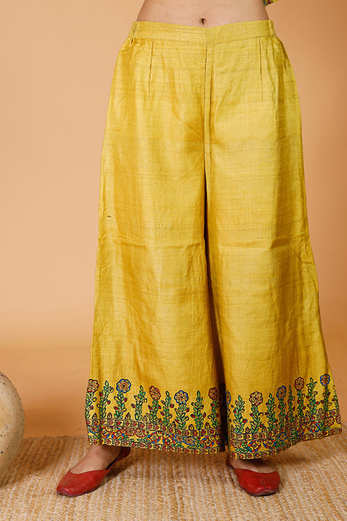'Sunehri Phoolwari' Handpainted Madhubani Tussar Silk Palazzo