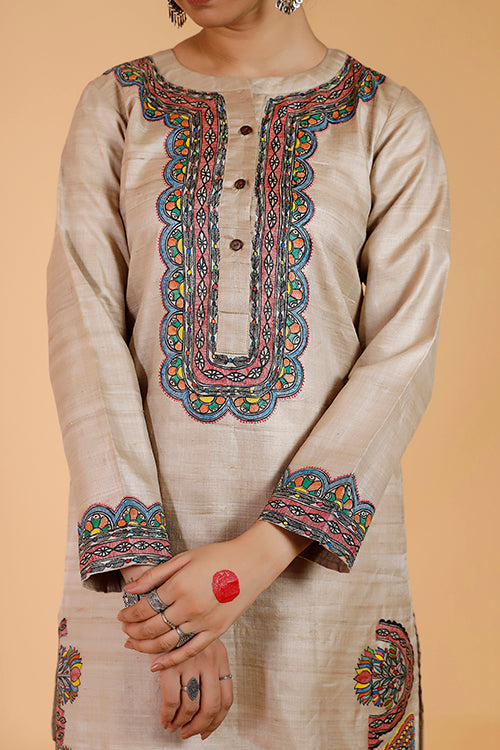 'Kamal Nain' Handpainted Madhubani Tussar Silk Kurta