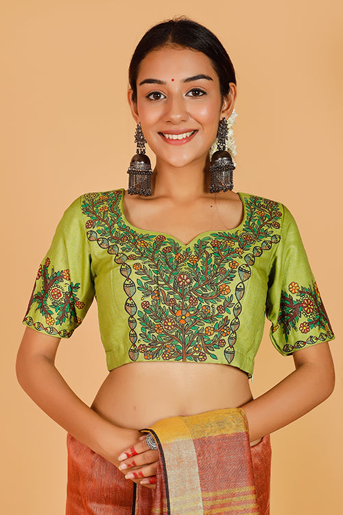 'Doli Bidai' Handpainted Madhubani Tussar Silk Blouse