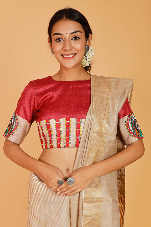 'Bengali Sindoordaan' Handpainted Madhubani Tussar Silk Blouse