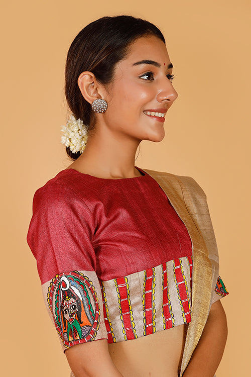 'Bengali Sindoordaan' Handpainted Madhubani Tussar Silk Blouse