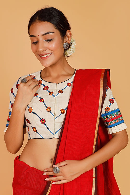 'Ecstatic Mayur' Handpainted Madhubani Moonga Silk Blouse