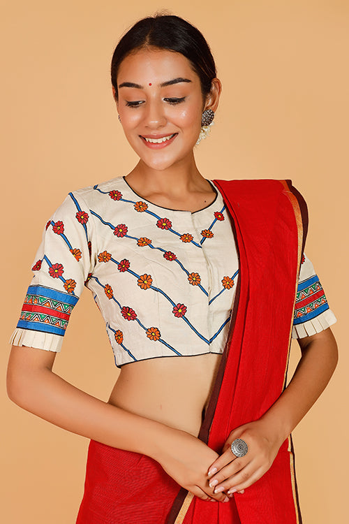 'Ecstatic Mayur' Handpainted Madhubani Moonga Silk Blouse