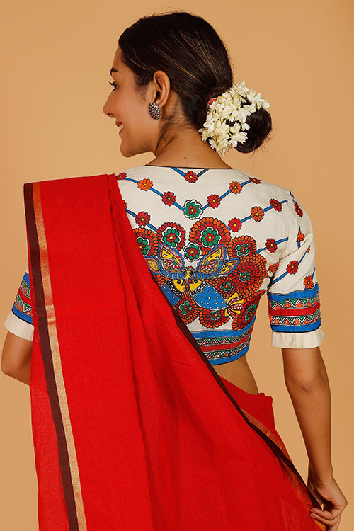 'Ecstatic Mayur' Handpainted Madhubani Moonga Silk Blouse
