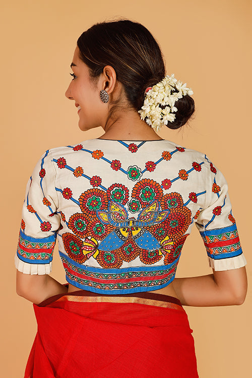 'Ecstatic Mayur' Handpainted Madhubani Moonga Silk Blouse