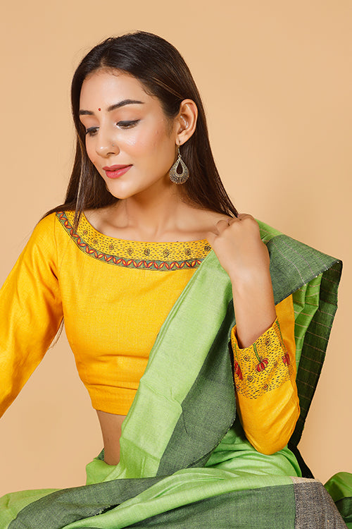 'Saraswati' Handpainted Madhubani Moonga Silk Blouse
