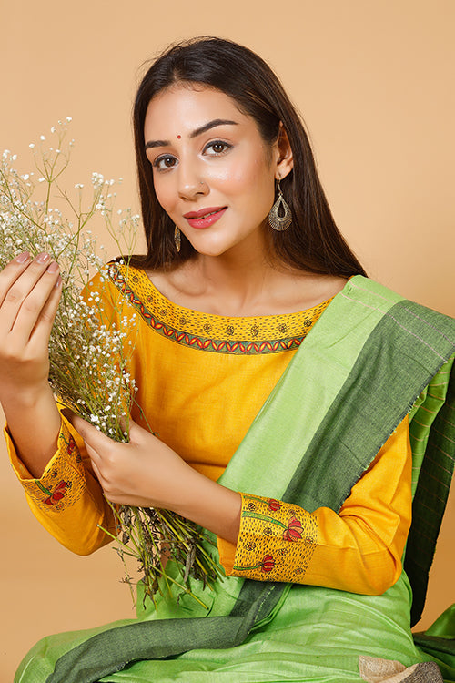 'Saraswati' Handpainted Madhubani Moonga Silk Blouse