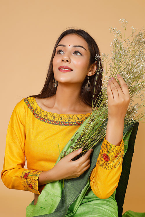 'Saraswati' Handpainted Madhubani Moonga Silk Blouse